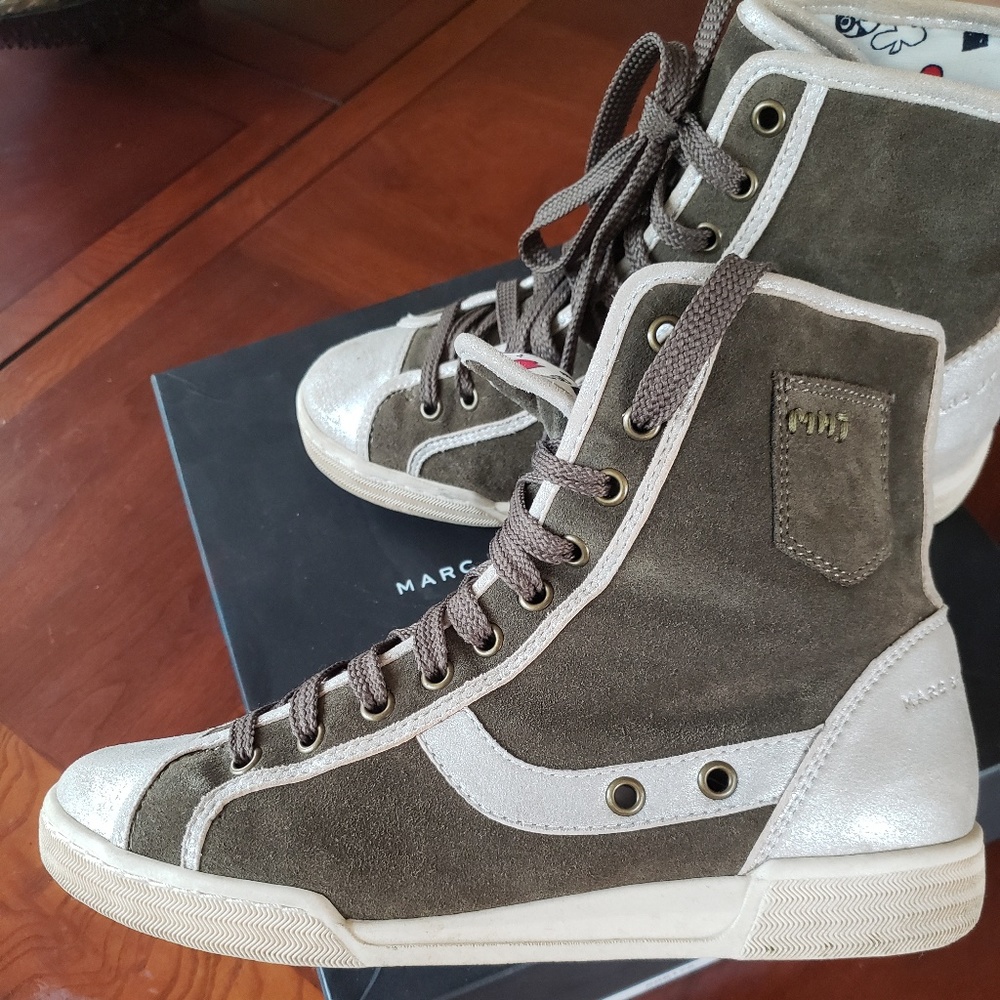 Marc Jacobs Olive Green and Metallic Silver High-Top Sneakers